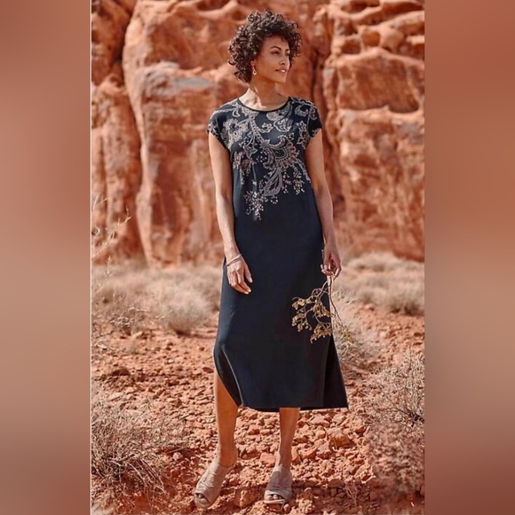 J. Jill Dresses & Skirts - J. Jill Navy Embroidered Bohemian Floral Cotton Relaxed Midi Dress - Size Medium